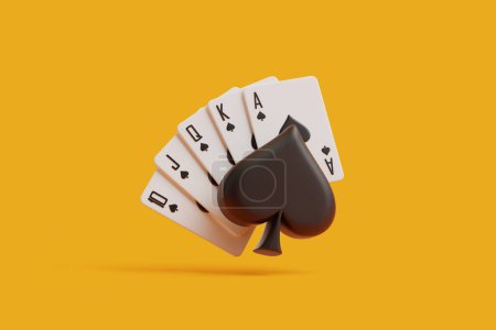 A striking royal flush of spades emerges with a three-dimensional effect against a solid orange background, a quintessential gambling icon. 3D render illustration