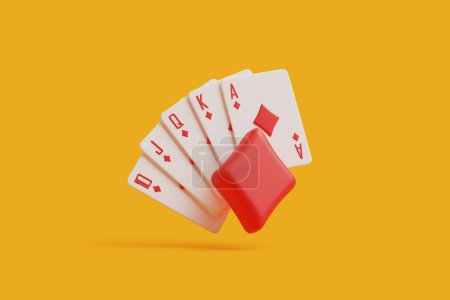 Ein Royal Flush in Diamanten, der Inbegriff einer gewinnenden Hand, wird mit einem roten Casino-Chip vor einem monochromen gelben Hintergrund kombiniert, der hohe Einsätze veranschaulicht. 3D-Darstellung