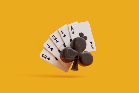A royal flush in clubs rises behind a large poker chip, with the bright yellow background emphasizing the thrill of a winning poker hand. 3D render illustration