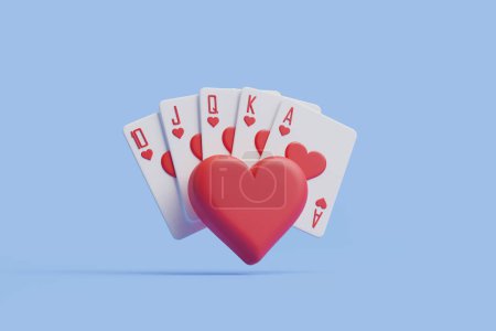 A charming display of a royal flush in hearts, crowned with a heart icon, stands out on a calming blue background, representing love and luck in the game. 3D render illustration