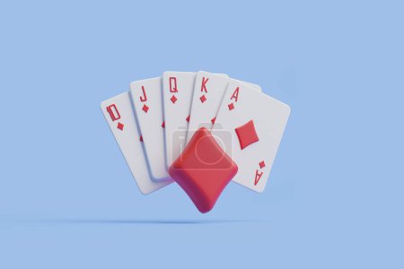 A bold royal flush of diamonds unfolds behind a red dice, set against a soft blue background, conveying both chance and skill in gaming. 3D render illustration
