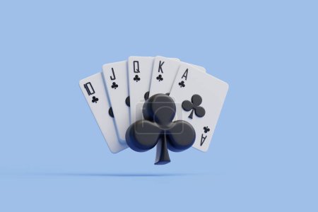 Ein knackiges Royal Flush im Anzug von Clubs gepaart mit einem dreidimensionalen schwarzen Kleeblatt erscheint vor einem blassblauen Hintergrund und symbolisiert Glück und Geschick bei Kartenspielen. 3D-Darstellung