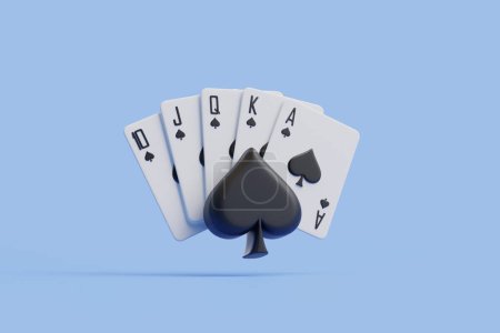 Ein Royal Flush of Spades steht kühn vor blauem Hintergrund, akzentuiert durch einen überdimensionalen schwarzen Pik, der das klassische High-Stakes-Poker-Ambiente beschwört. 3D-Darstellung