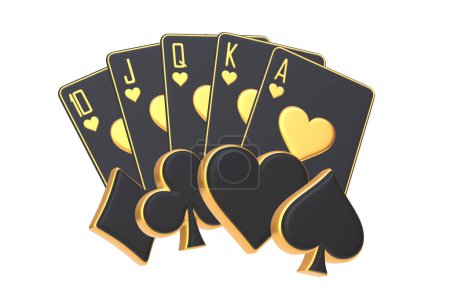 A sleek royal flush in spades, adorned with elegant golden hearts and a striking white background, offers a luxurious take on traditional playing cards. 3D render illustration