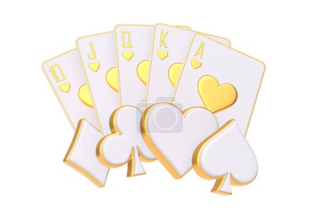 A luxurious royal flush in hearts with golden edges presents a flush of sophistication against a pristine white background, perfect for high-end gaming themes. 3D render illustration