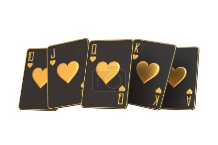 Photo for This stunning royal flush, featuring the hearts suit with luxurious gold detailing on a sleek white background, exudes exclusivity and high-class gaming allure. 3D render illustration - Royalty Free Image
