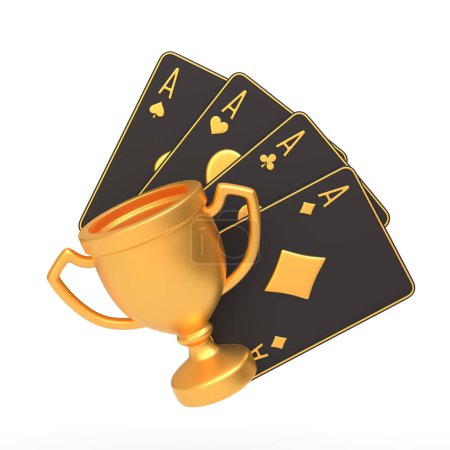 Foto de Una impresionante casa llena de ases respaldados por un brillante trofeo de oro, contra un elegante fondo blanco, personifica la victoria definitiva en el poker. Ilustración de representación 3D - Imagen libre de derechos