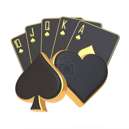 An elegant spread of a royal flush in spades, each card edged in gold, projects a sense of opulence and high stakes, ideal for themes of luxury and winning. 3D render illustration