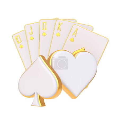 Featuring a royal flush in spades, each card is gracefully outlined in gold, presenting a timeless elegance and a winning hand in a sophisticated style. 3D render illustration