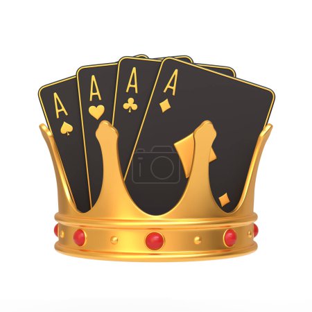 Foto de Una mano de ases emerge de una corona dorada regia adornada con gemas rojas, simbolizando el estatus real de una mano ganadora de póquer y el pináculo del éxito en el juego de cartas. Ilustración de representación 3D - Imagen libre de derechos