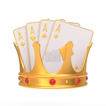 Foto de Cuatro ases, que simbolizan lo mejor del poker, están enclavados en una majestuosa corona dorada con acentos carmesí, transmitiendo un mensaje de triunfo final y dominio del poker. Ilustración de representación 3D - Imagen libre de derechos