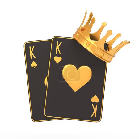 A powerful pair of kings in poker, topped with a regal golden crown, against on a white background that suggests luxury, authority, and the high status of the cards. 3D render illustration