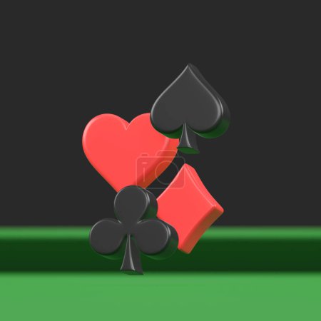 Foto de Una vista de cerca de los palos brillantes de la tarjeta de póquer, incluyendo un corazón, un club, una pala y un diamante, contra un fondo oscuro y contrastante. Ilustración de representación 3D - Imagen libre de derechos