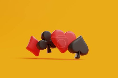 Foto de Iconos audaces y coloridos del traje del póquer 3D incluyendo corazón, club, pala y diamante, dispuestos creativamente contra un fondo naranja brillante. Ilustración de representación 3D - Imagen libre de derechos