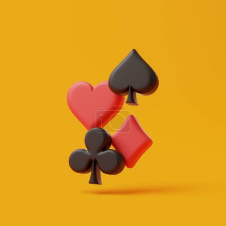 Téléchargez les photos : Un arrangement dynamique de symboles de costume de poker avec un cœur vibrant, bêche, club et diamant, ensemble sur un fond jaune chaud. Illustration de rendu 3D - en image libre de droit