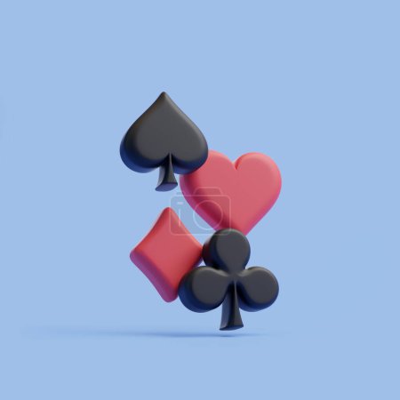 Photo for Card suits, featuring a heart, card, spade and diamond, float whimsically against a clear blue background. 3D render illustration - Royalty Free Image
