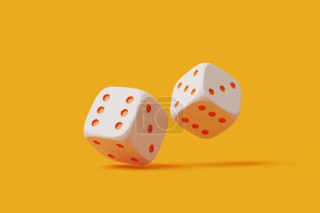 Two classic white dice caught in mid-roll, casting soft shadows on a vibrant orange backdrop. 3D render illustration