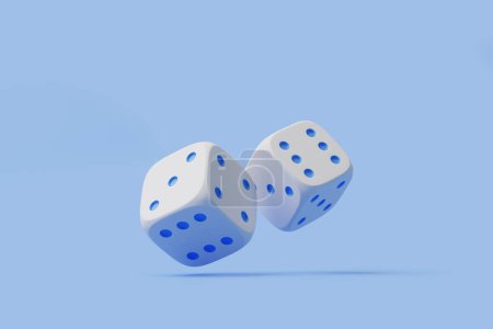 Two white dice with deep blue pips suspended in mid-air against a soothing sky blue background. 3D render illustration