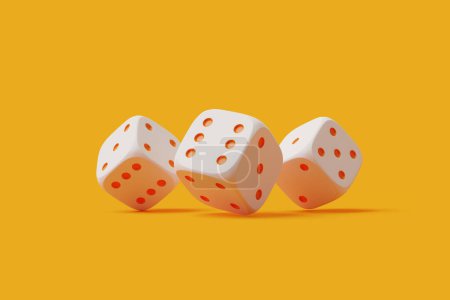 Dynamic motion of three white dice with red dots captured while rolling on a vivid yellow background. 3D render illustration