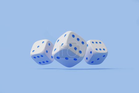 Three white dice with bold blue pips captured in a floating arrangement on a soft sky blue background. 3D render illustration