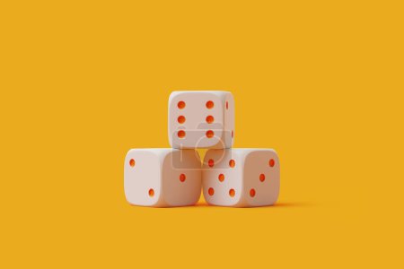 Three classic white dice with red pips neatly stacked against a bright yellow backdrop. 3D render illustration