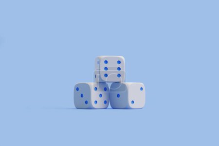 A pyramid of white dice with blue pips neatly stacked, casting a shadow on a light blue surface. 3D render illustration