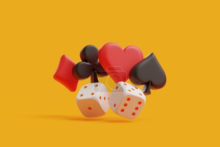 Foto de Un arreglo lúdico de palos de cartas de póquer y dados blancos con un fondo naranja vivo, lo que sugiere un juego en progreso. Ilustración de representación 3D - Imagen libre de derechos