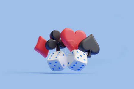 Poker card suits and white dice with blue dots presented against a calm blue backdrop, representing elements of chance and strategy in gaming. 3D render illustration