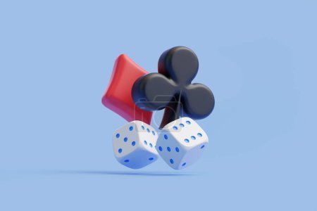 A diamond and club poker suit paired with white dice featuring blue pips, all against a soft blue backdrop. 3D render illustration