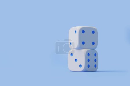 Two white dice with blue dots, perfectly aligned and stacked, on a uniform soft blue background. 3D render illustration
