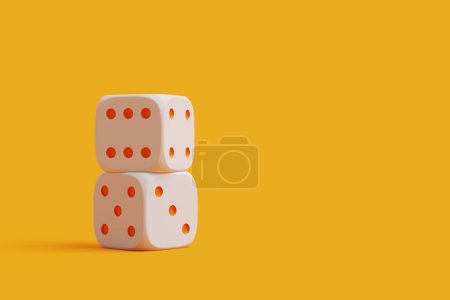 Three white dice with vibrant red pips, stacked against a bold orange backdrop, presenting a classic gaming scenario. 3D render illustration