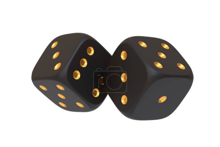 A pair of luxurious black dice with shiny gold pips, conveying an upscale gaming experience, on a clean white background. 3D render illustration