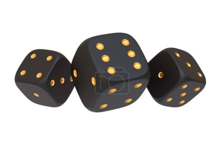 Three sophisticated black dice with gold pips arranged in a classic composition, isolated on a white backdrop. 3D render illustration