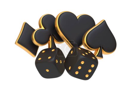 Opulente schwarze Würfel und Pokeranzüge mit goldenen Rändern auf weißem Hintergrund stehen für ein Glücksspiel mit hohem Rollenspiel. 3D-Darstellung