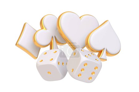 Poker suits in white with elegant gold trim and matching dice isolated on a white background, symbolize a blend of tradition and luxury in gaming. 3D render illustration