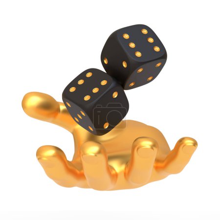 A golden hand caught in the action of rolling two black dice with golden dots isolated on a white background, symbolizing luck and luxury. 3D render illustration