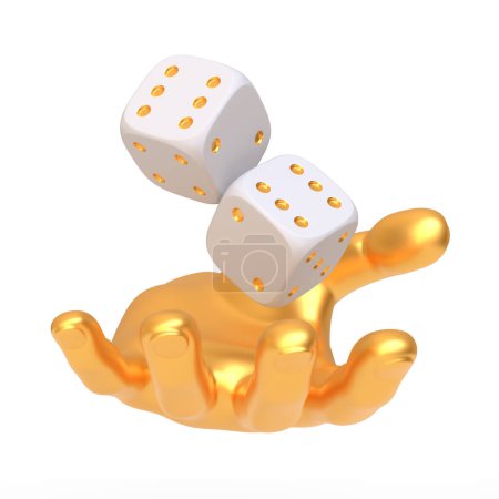 Capturado en medio del lanzamiento, una mano dorada lanza un par de dados blancos con manchas doradas aisladas sobre un fondo blanco, una escena de azar y prosperidad. Ilustración de representación 3D
