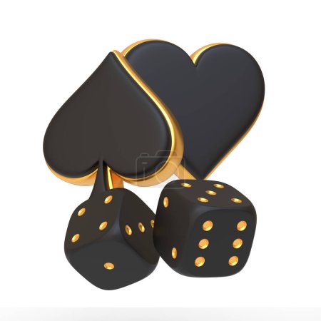 Téléchargez les photos : Les icônes de poker de pique et de coeur en noir avec garniture dorée, accompagnées de dés assortis isolés sur un fond blanc, mélangent sophistication et hasard. Illustration de rendu 3D - en image libre de droit