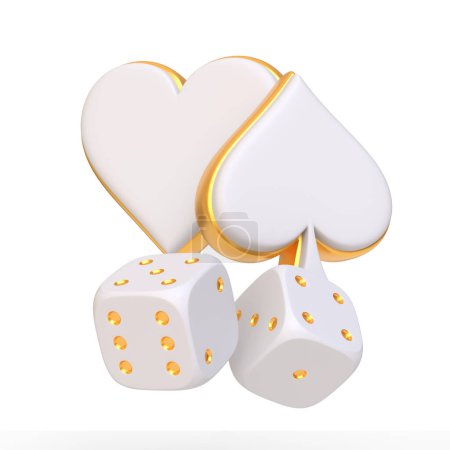 Elegante weiße Pokeranzüge mit goldenem Rand neben Würfeln mit Goldpunkten auf weißem Hintergrund repräsentieren Luxus und Glück in einem klassischen Spielumfeld. 3D-Darstellung