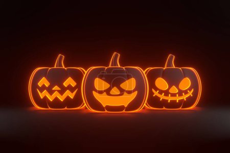 Jack-o-Lantern pumpkins with bright glowing futuristic orange neon lights on black background. Happy Halloween concept. Traditional october holiday. 3D render illustration