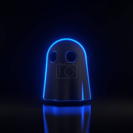 Simple halloween cartoon ghost with bright glowing futuristic blue neon lights on black background. Happy Halloween concept. Traditional october holiday. 3D render illustration