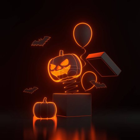 Jack-o-Lantern pumpkin, bats and balloons pops out of the box with bright glowing futuristic orange neon lights on black background. Happy Halloween concept. 3D render illustration