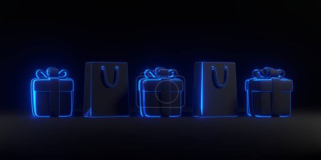 Cartoon gift boxes and shopping bags with bright glowing futuristic blue neon lights on black background. Happy Halloween concept. Traditional october holiday. 3D render illustration