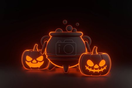 Jack-o-Lantern pumpkins and cauldron with bright glowing futuristic orange neon lights on black background. Happy Halloween concept. Traditional october holiday. 3D render illustration