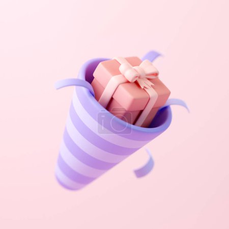 Pink gift box with a white ribbon and confetti is inside a purple and white striped party hat, floating in mid-air against a pink background. Creative cartoon design icon. 3D render illustration