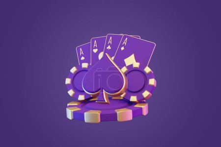 Vier Asse aus einem Kartenspiel mit lila Unterlage und goldenen Rändern, gepaart mit passenden Casino-Chips