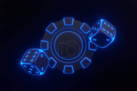 Ein Paar neonblaue Würfel mit einem passenden Casino-Chip vor dunklem Hintergrund, der für futuristisches Glücksspiel steht. 3D-Darstellung