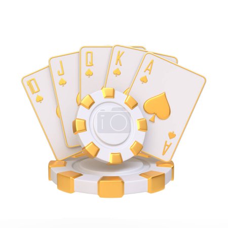 A royal flush in spades with white and gold poker chips, representing luxury and high stakes in casino gaming. 3D render illustration
