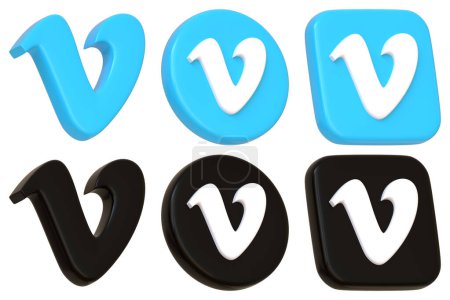Vimeo icons in blue and black color schemes, featuring variations in circular and square shapes, ideal for branding and digital media themes. 3D render illustration