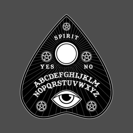 Illustration for Ouija Board in Pointer shape for halloween party. Planchette play for calling souls and demons. Ghosts and demons calling game with gothic typography. Symbols of moon ,sun, texts. - Royalty Free Image